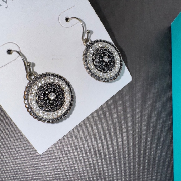 Marlyn Schiff Earrings Rhinestone Round Drop Dangle Black Silver New - Picture 6 of 10